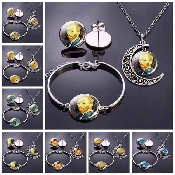 Vintage Van Gogh art Jewelry Set Women Silver Color Necklace& Earrings & Bracelet & Box Packaging Lovers Valentines Day Set Gift