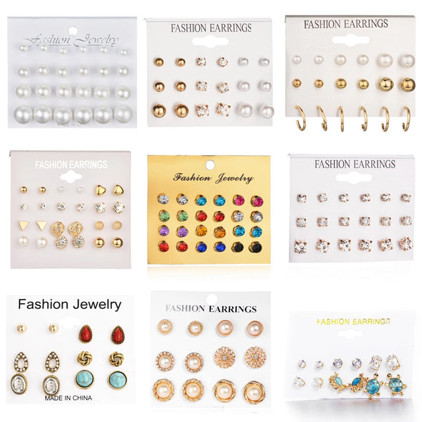 24 pcs/set Heart Flowers Vintage Stud Earrings Set 2022 New Crystal imitation Pearl Earrings for Women Gift on Ear Jewelry