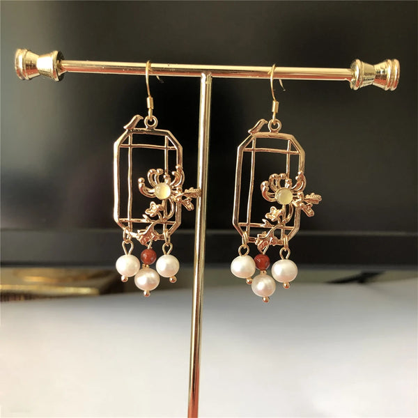 1 pair Lycoris Radiata Flower Pendant Earrings Chinese Style Ear Hooks Ancient Costume Jewelry Hanfu Jewellery Women Girl Gift